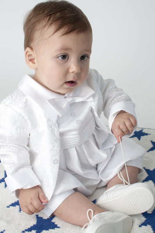 Boys Paisley pattern christening romper  with  jacket  colour white