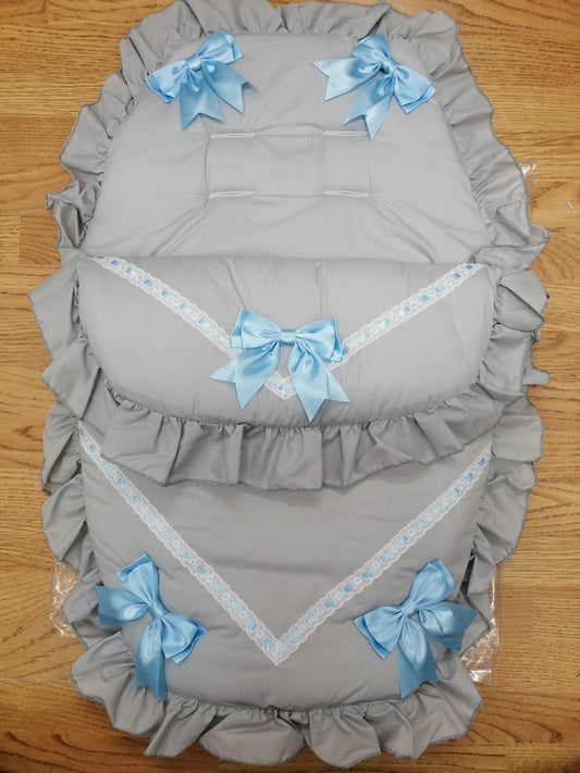 Baby Boys or girls universal pram cosytoes footmuff pram set with bows