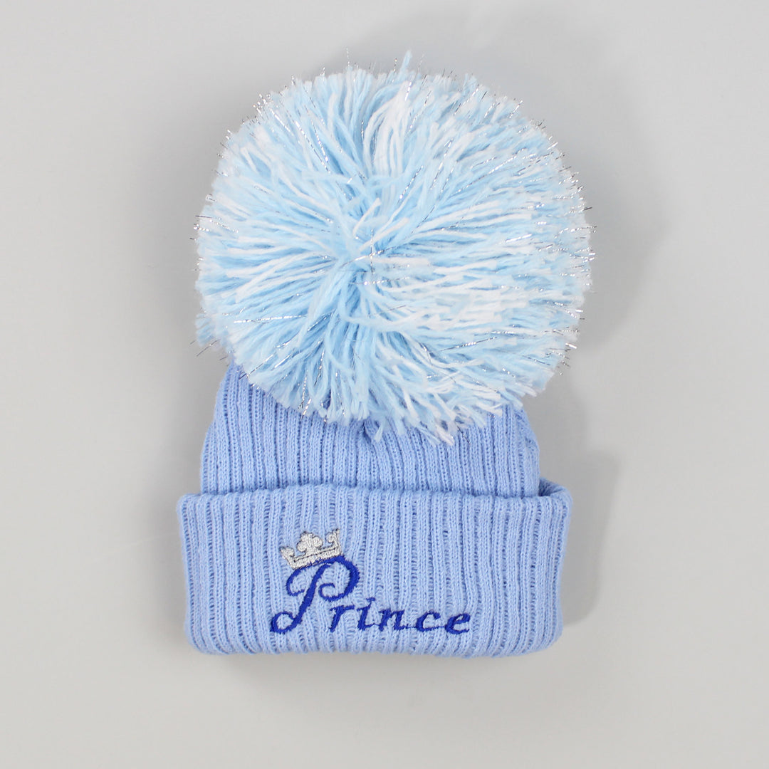 Baby Boys or girls embroidered  pom hats with prince  or princess