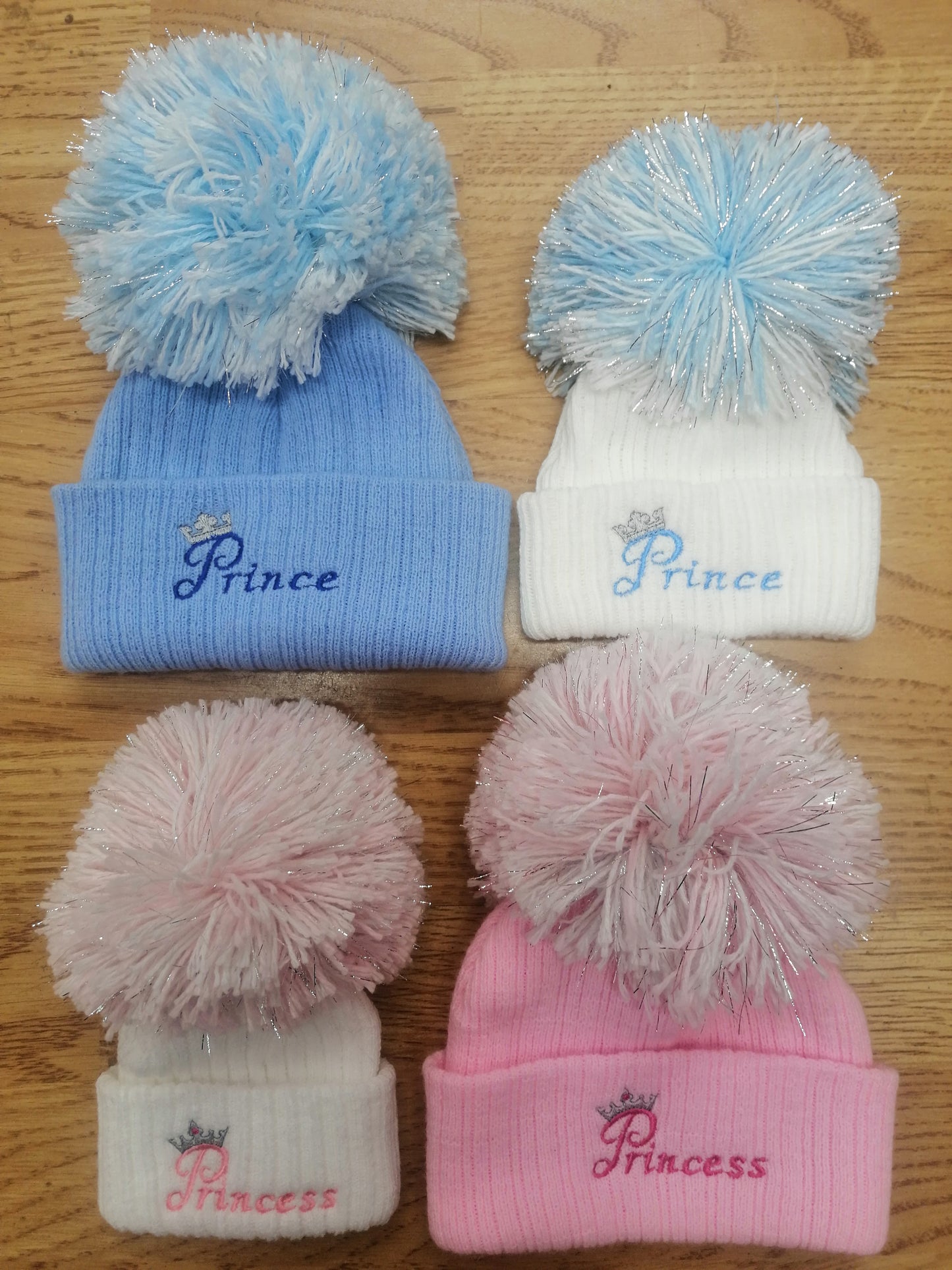 Baby Boys or girls embroidered  pom hats with prince  or princess