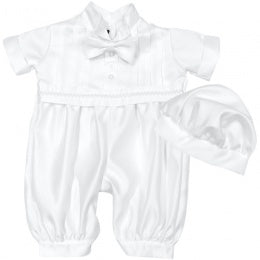 Boys  braid  tuxedo style christening romper with hat colour white